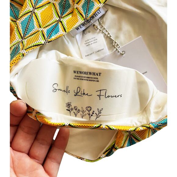 WEWOREWHAT Metallic Geo Bikini Set Ruched Bottom Claudia Top Orange Blue Large - Picture 10 of 15